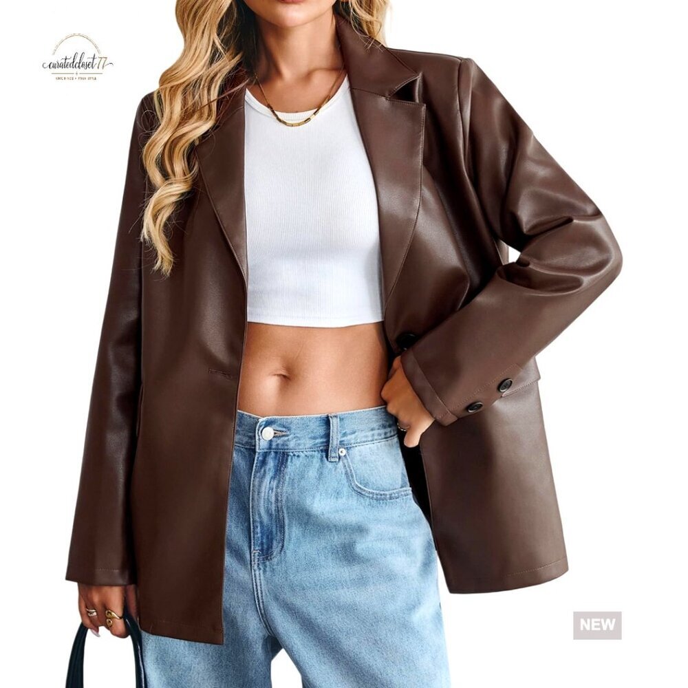Oversized Faux Leather Bomber Blazer Jacket with Notch Lapel